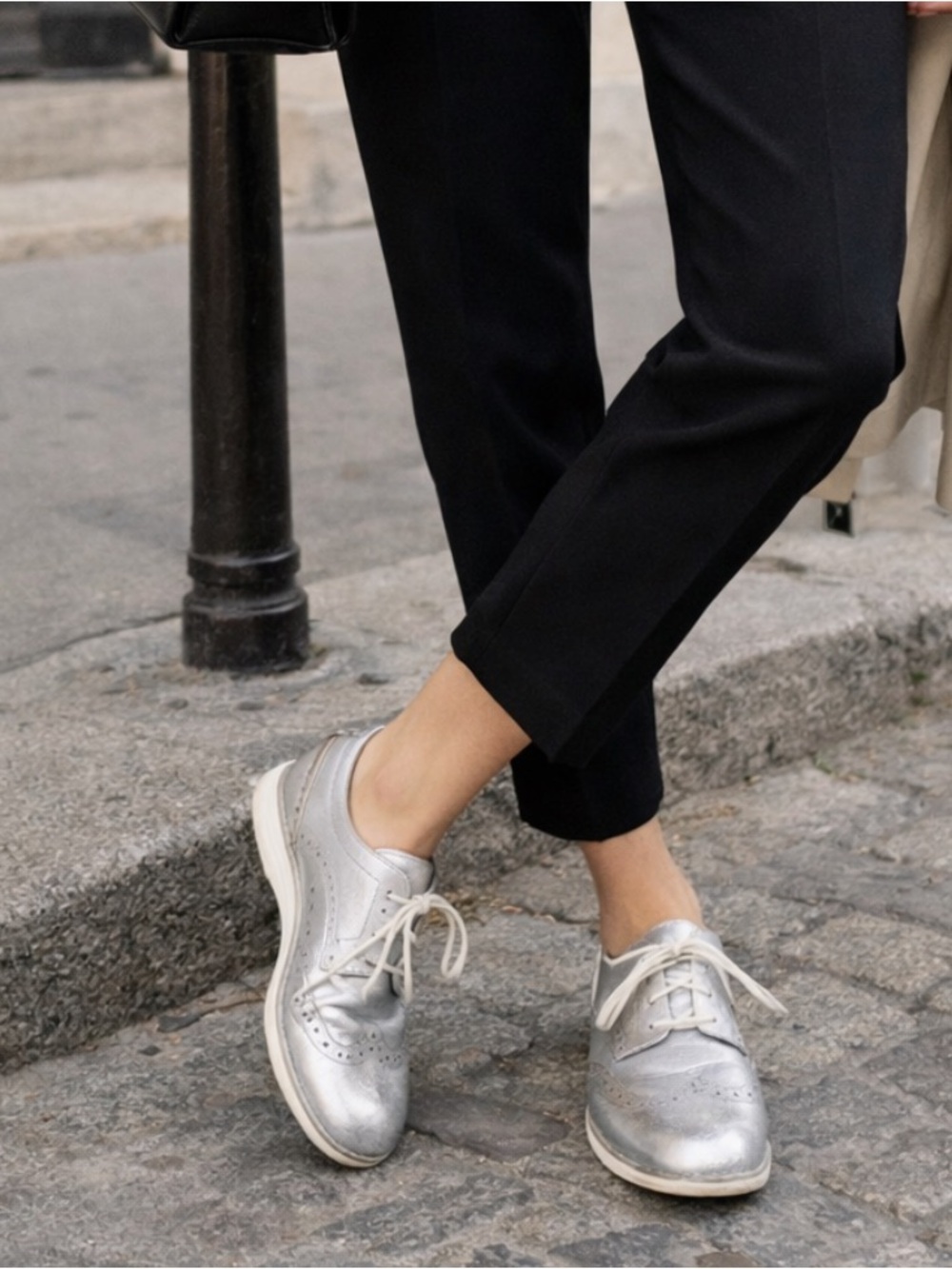 Cole Haan Grand.OS Silver Oxford Wingtip Shoes Metallic Leather Comfort